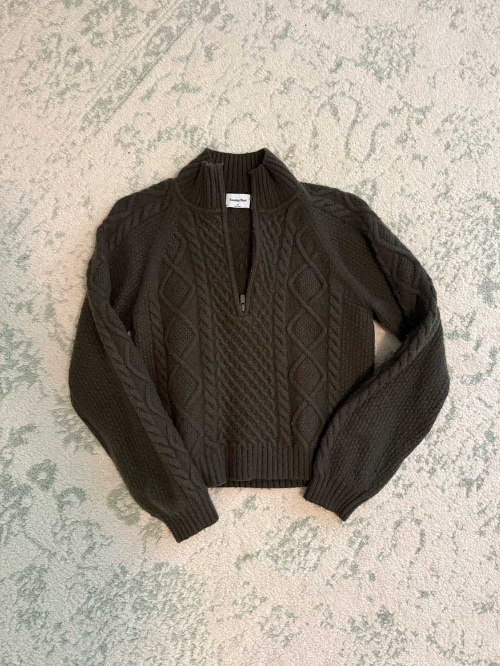 Aritzia Sunday Best Olive Cable-Knit Half-Zip Sweater